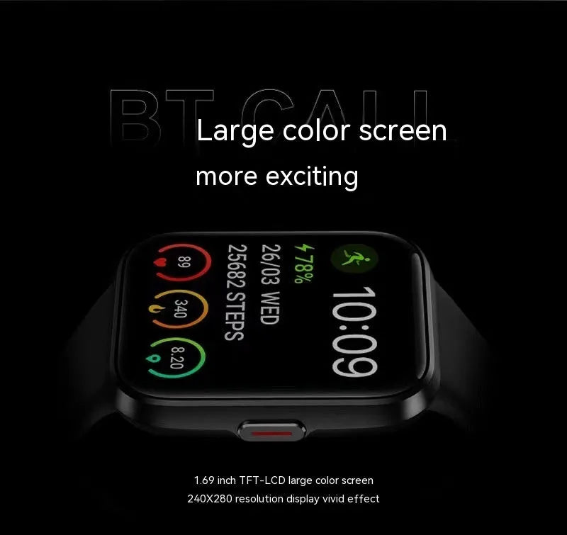 Voice call smart watch with IPS touch screen showing health metrics display in black colour option