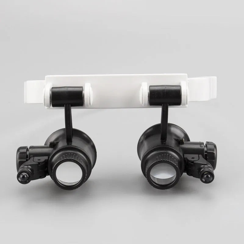 White head mounted magnifying glass with 30x optical glass lens, folded to 85mm for storage