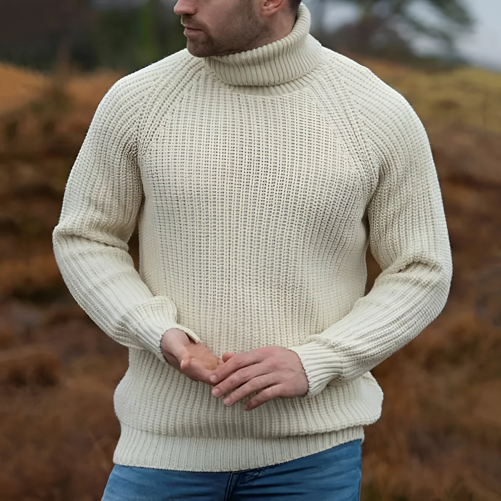 Beige turtleneck sweater with long sleeves and loose pullover fit, sizes M to XXXL