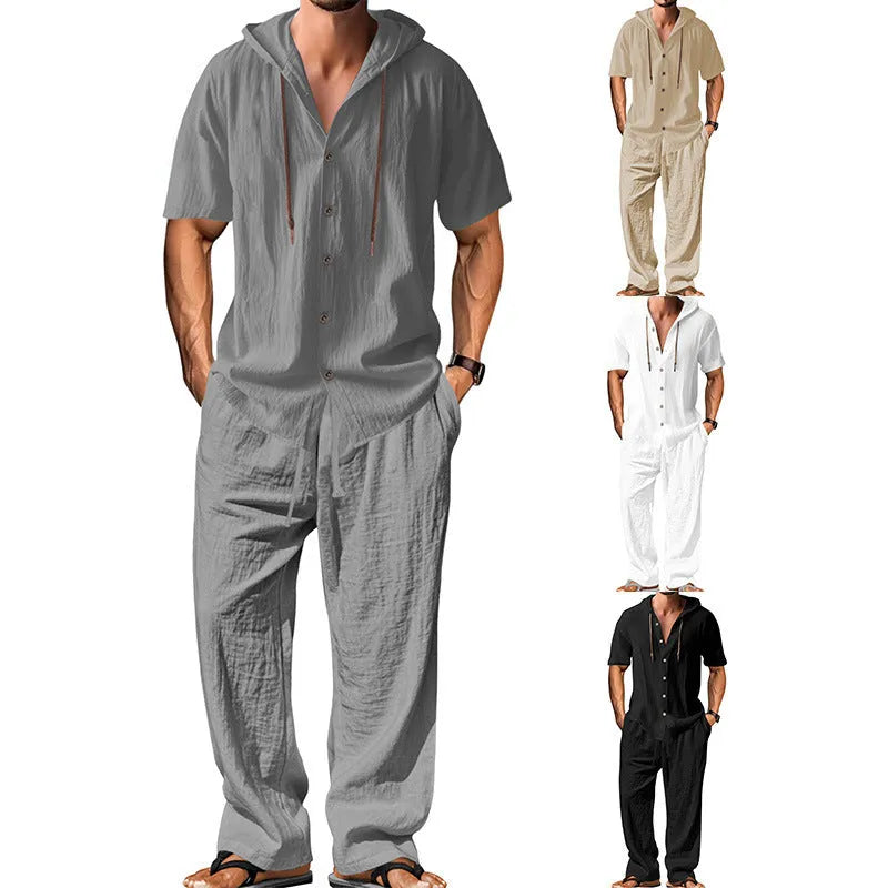 Men's casual cotton sports leisure suit in black, showing long sleeve top and trousers.