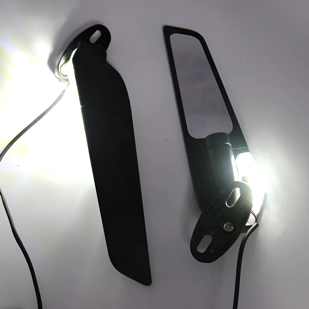 Motorcycle spoiler rearview mirror with yellow LED light, aluminium alloy construction, white convex lens