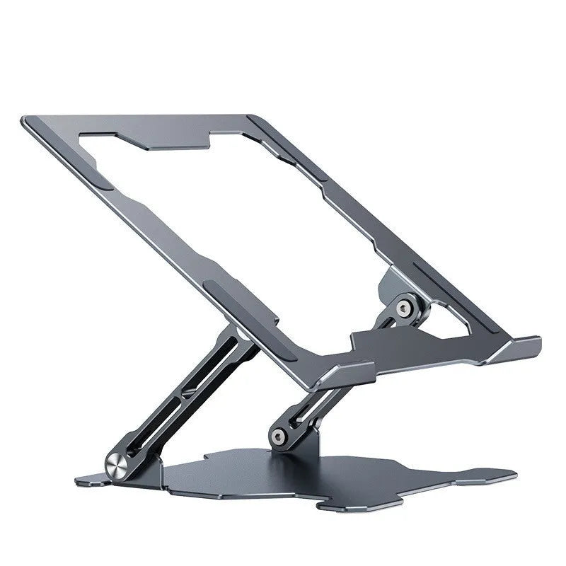 Grey adjustable aluminum laptop stand in folded and open positions on a wooden desk