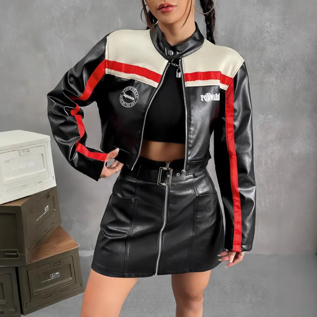 Women's short 40cm striped zipper coat in Black Red colour with full-length front zipper and long sleeves