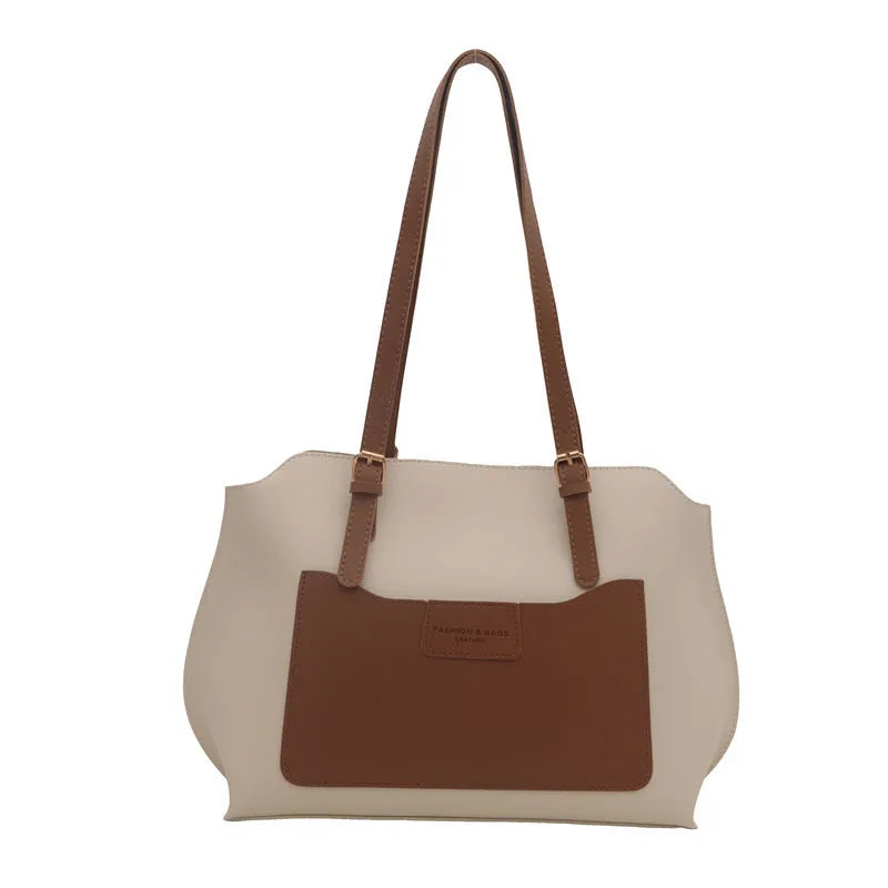 Women's structured PU tote bag in neutral colour with phone pocket and double shoulder straps.
