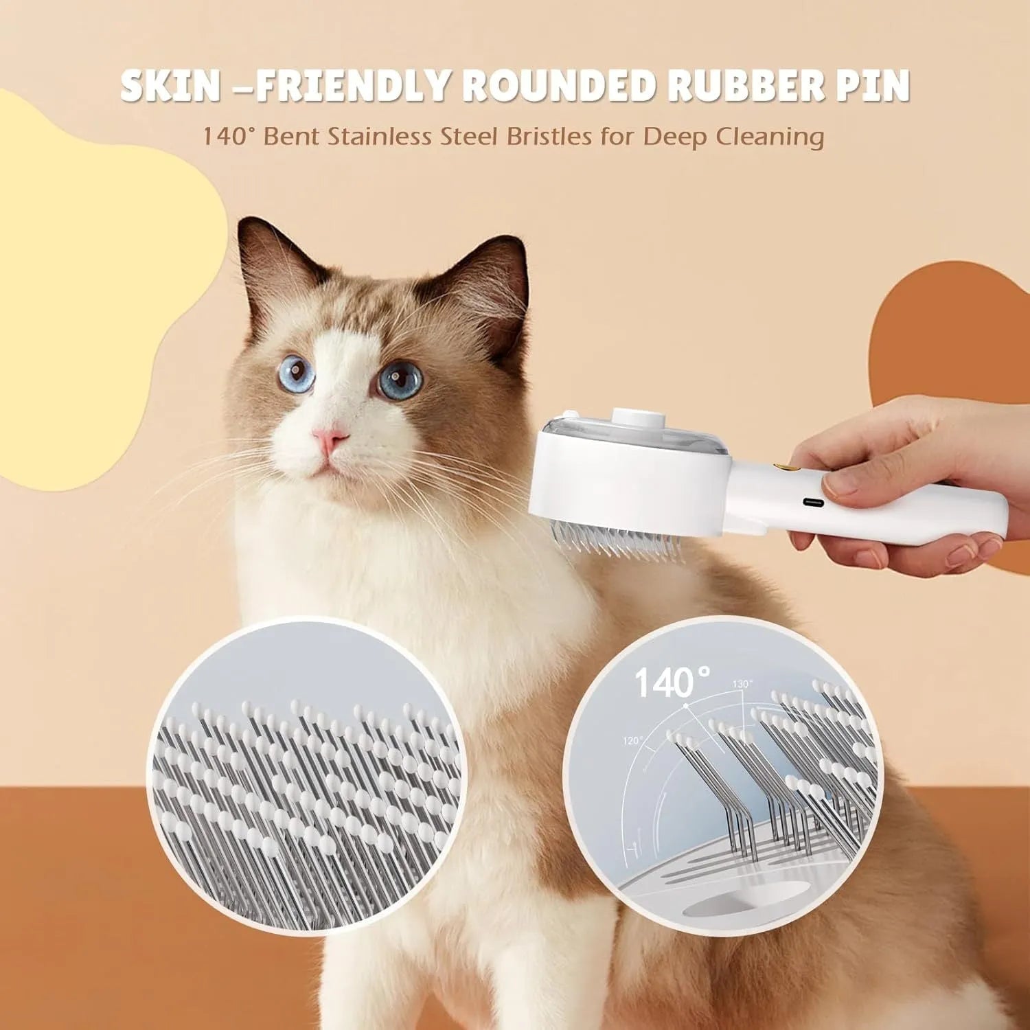 Pink and white cat grooming brush with water tank, stainless steel bristles, and mist spray function