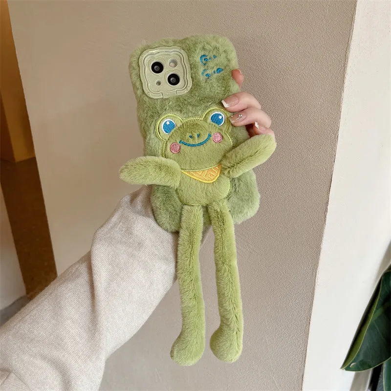 Green flannel cartoon frog phone case with pull-out wave bracket stand for Huawei and iPhone models.