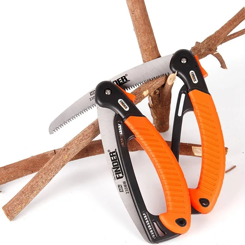 Folding garden saw with a black TPR grip and a metallic 9-inch saw blade, shown both open and closed.
