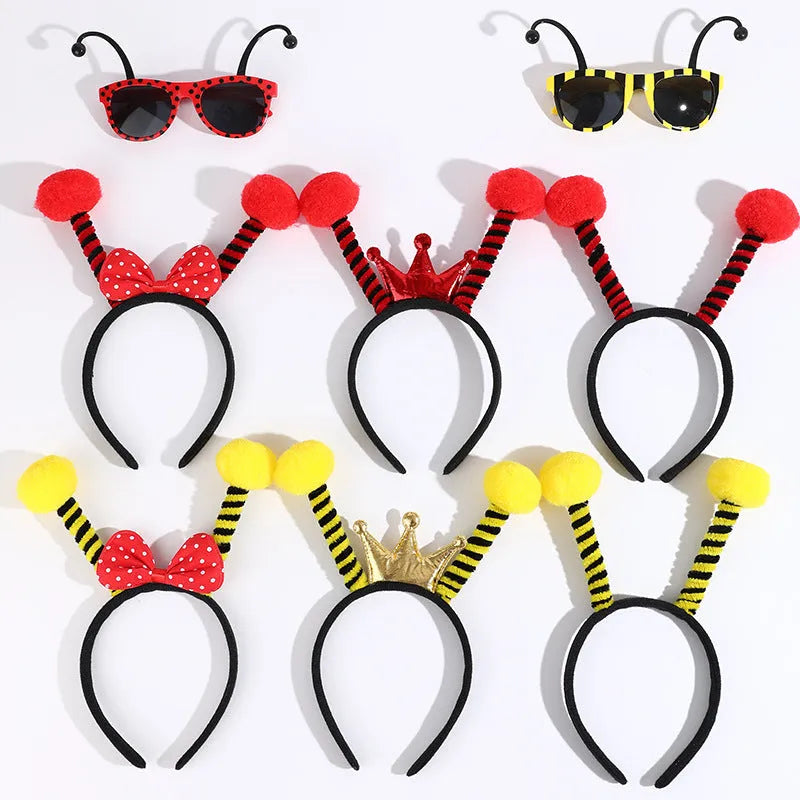 Yellow bee-themed cloth headband and glasses costume accessory set.