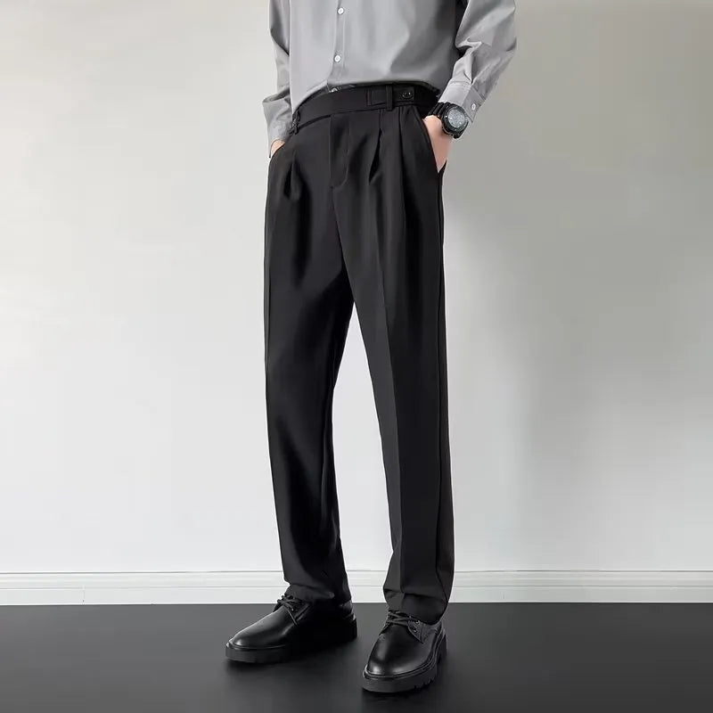 Men's straight leg loose fit trousers in apricot and black colours with polyester fabric