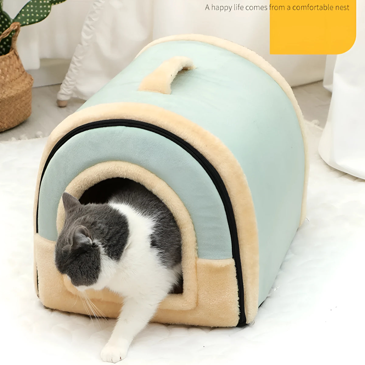 Portable handle cloth cat bed in S M L XL with patterned pink, blue, brown and green covers