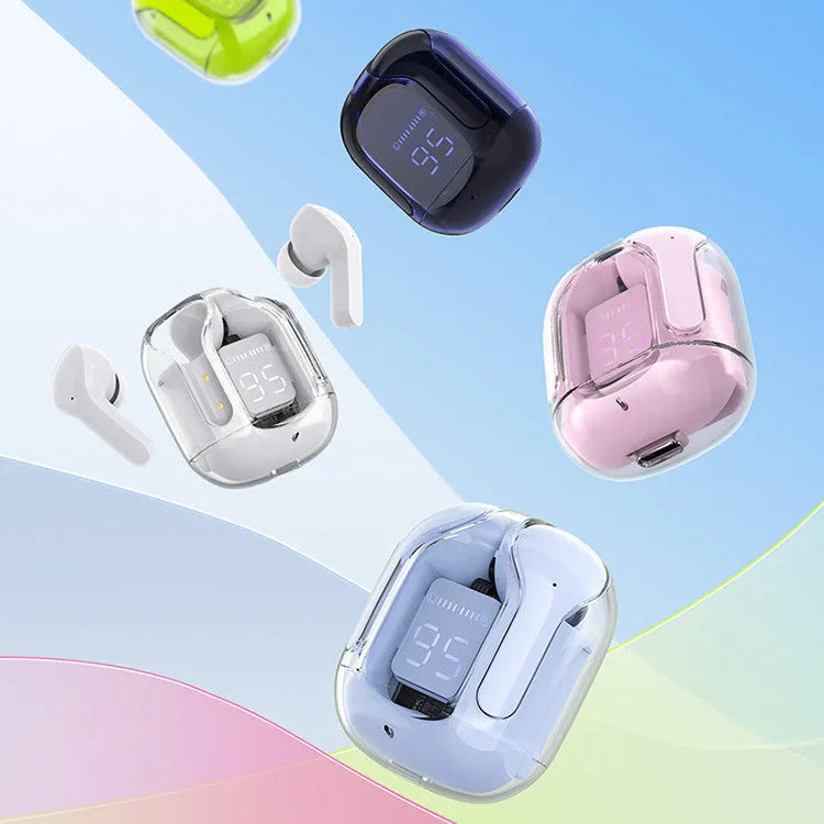 Wireless Bluetooth headphones with LED battery display in pink, grey, blue, green colours with silicone case