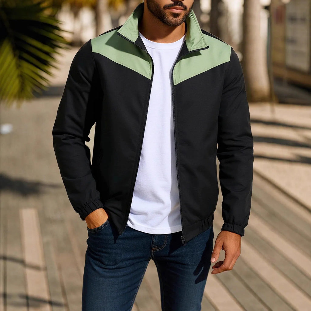 Men's windproof polyester jacket in khaki with a high collar and colour-matched zipper.