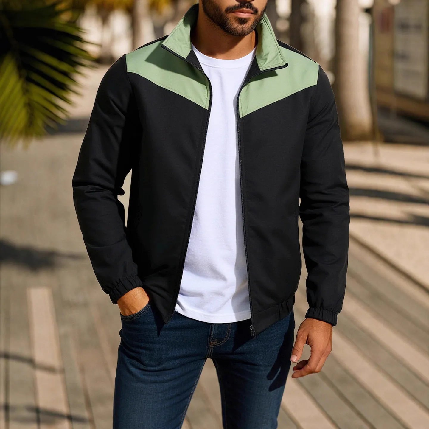 Men's windproof polyester jacket in khaki with a high collar and colour-matched zipper.