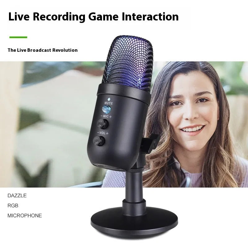 Black USB microphone with RGB lighting ring for computer and mobile streaming