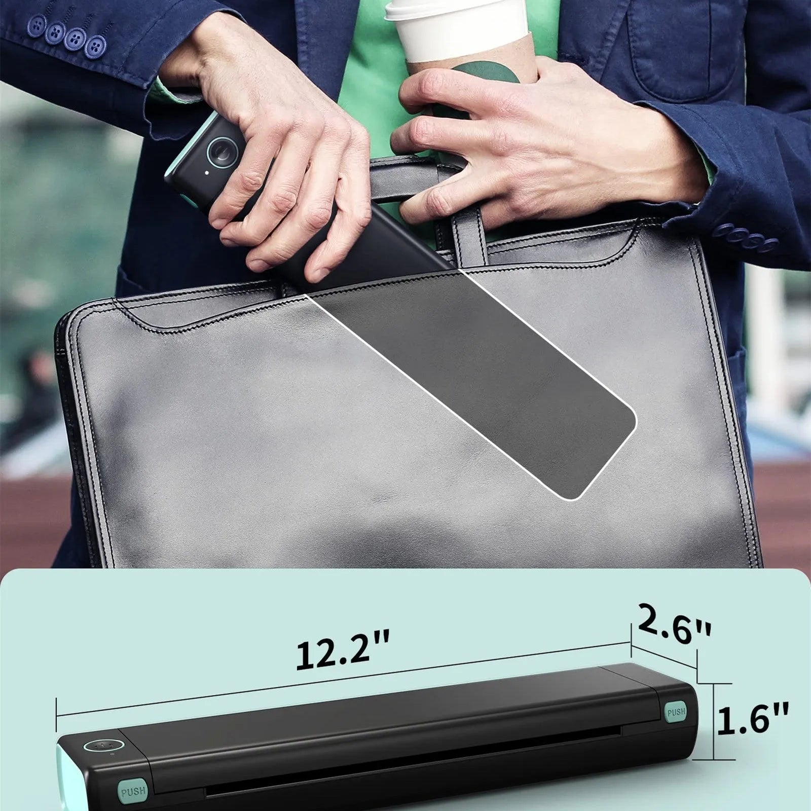 Phomemo M08F white portable A4 thermal printer on a desk next to a mobile phone.