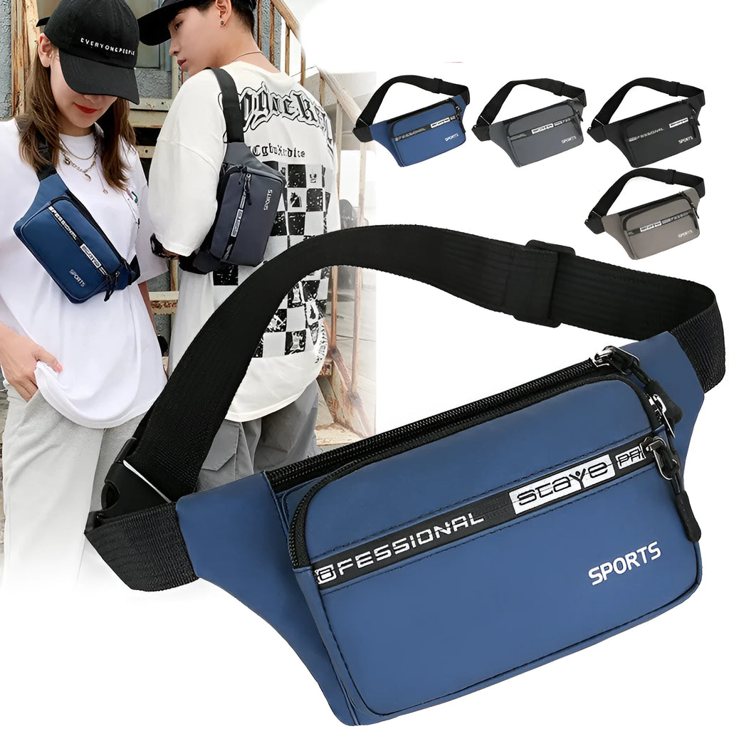 Men's high capacity sports shoulder bag in blue oxford cloth with zipper closure and mobile phone pocket