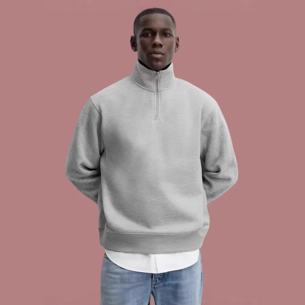 Grey half zip stand collar cotton sweater with long sleeves and grinding finish