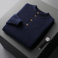 Half-height cardigan collar knitted loose oversized wool sweater pullover in dark blue front view