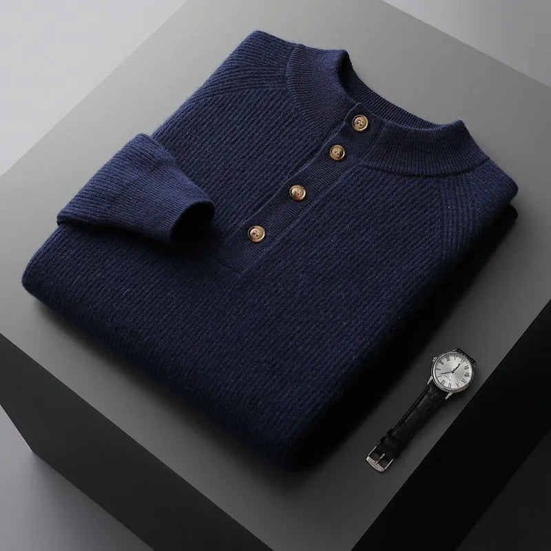 Half-height cardigan collar knitted loose oversized wool sweater pullover in dark blue front view