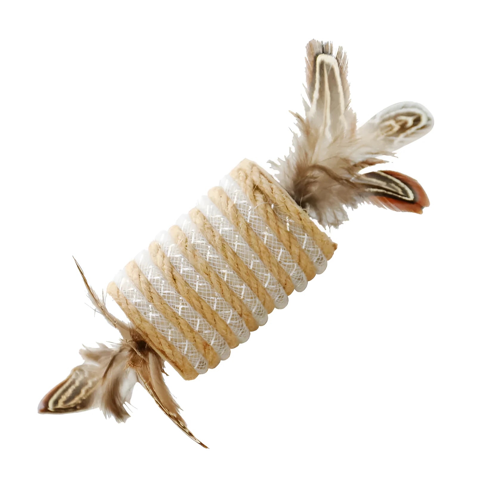 Beige cat toy with feathers, hemp rope scratching area and a central sound roller for pet claw play.