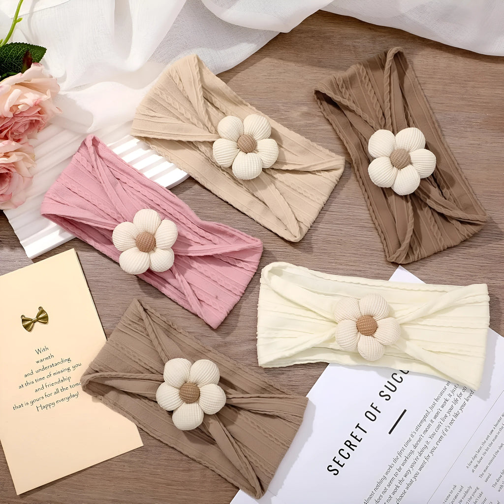Soft nylon baby flower headband in five colours beige pink khaki brown white for newborns and toddlers