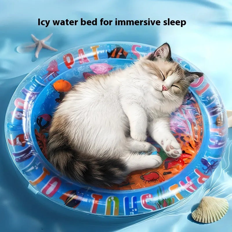 Blue inflatable pet water bed with dolphin design, showing water filling port.
