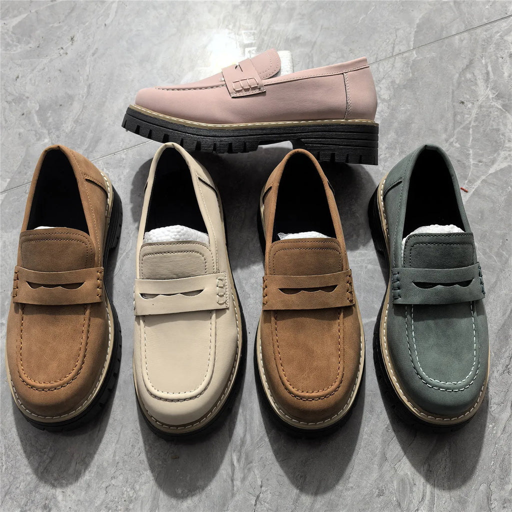 Women's plus size casual shoes in artificial PU leather with mid heel and platform sole, available in eight colours.