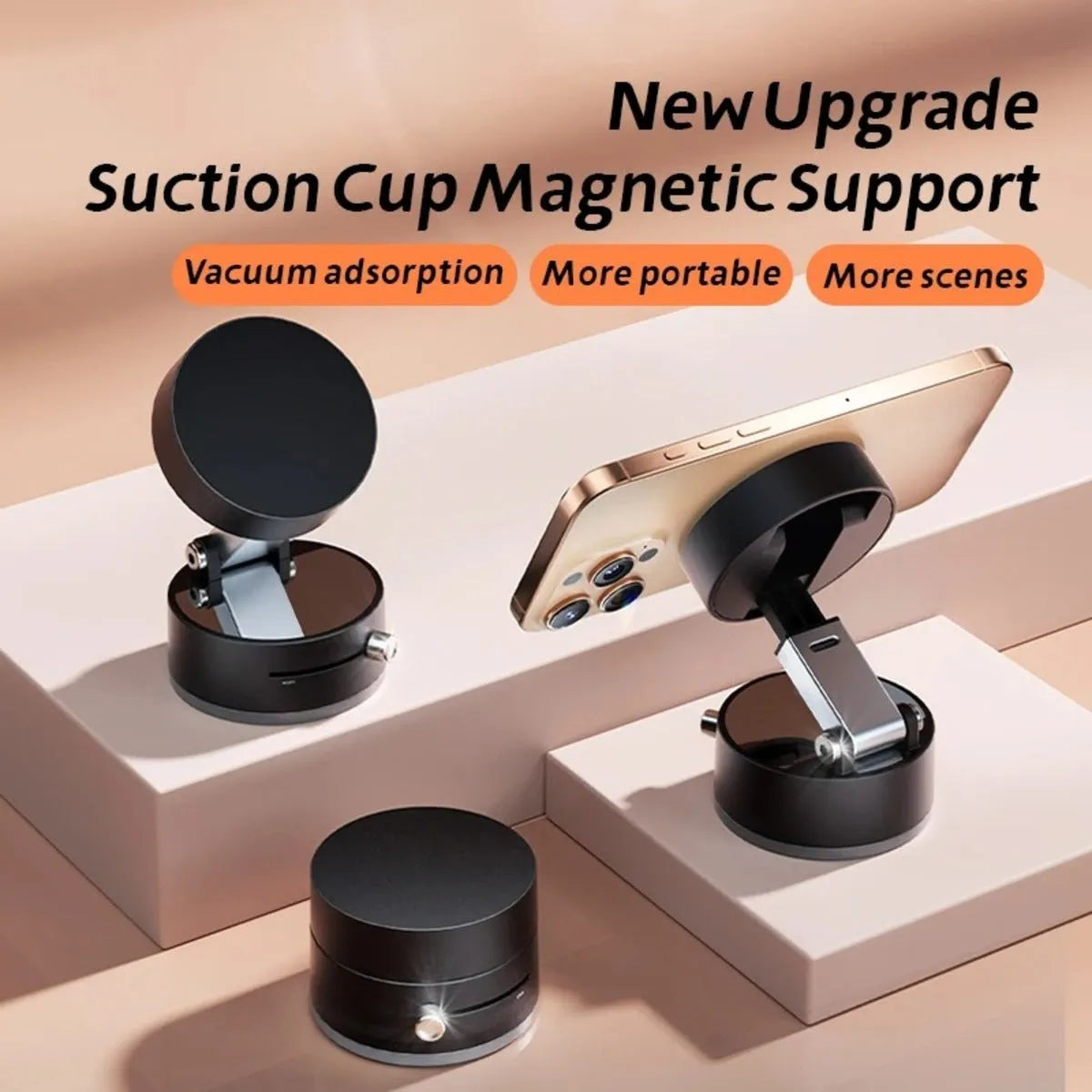 Black magnetic car phone holder with suction cup mount on a dashboard, showing 360-degree rotation.