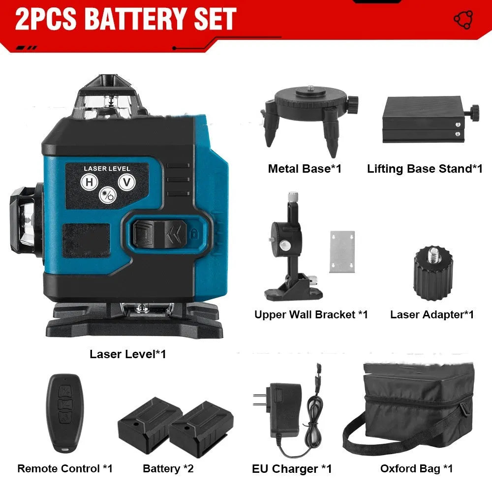 16-line infrared laser level with ABS housing and dual power supply, placed on a floor surface projecting laser lines
