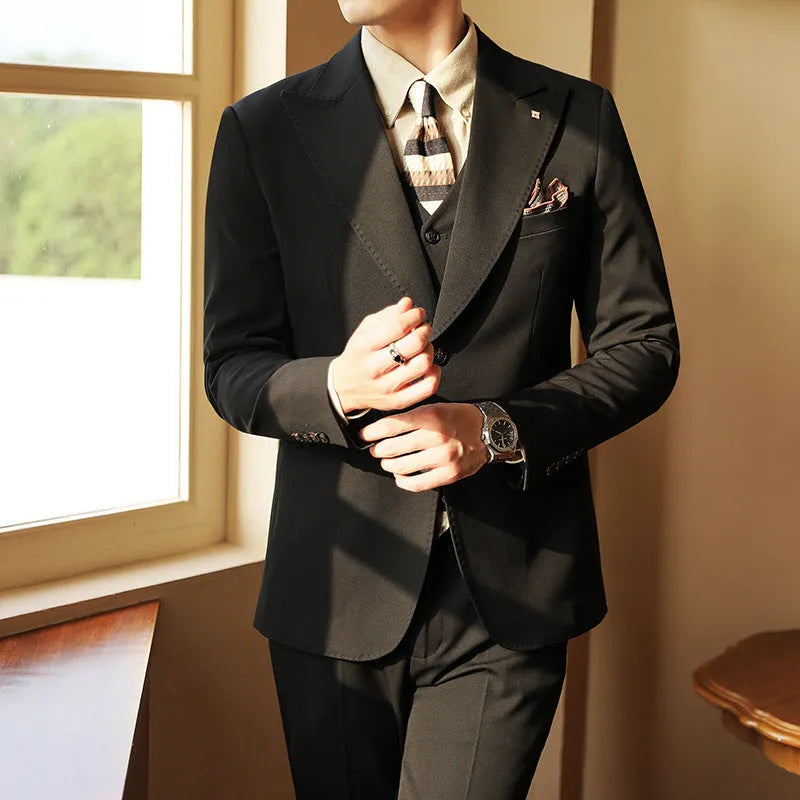 Men's slim fit three-piece corduroy linen blend suit set with coat, vest, and trousers in caramel