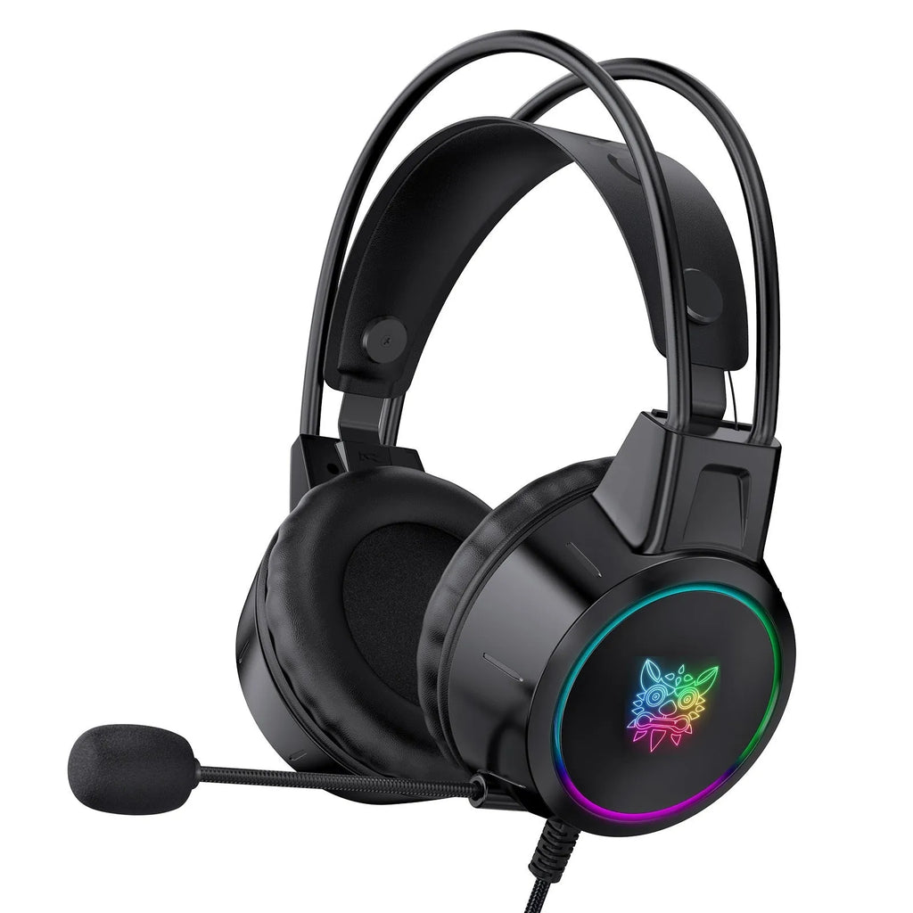 X15PRO wired gaming headset with RGB luminous lights and built-in microphone on black background