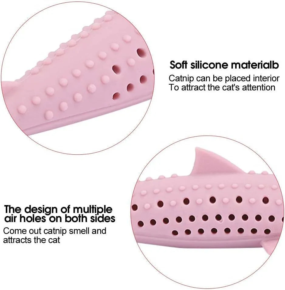 Green fish-shaped silicone chew toy for cats with breathable side holes for dental cleaning and pressure relief