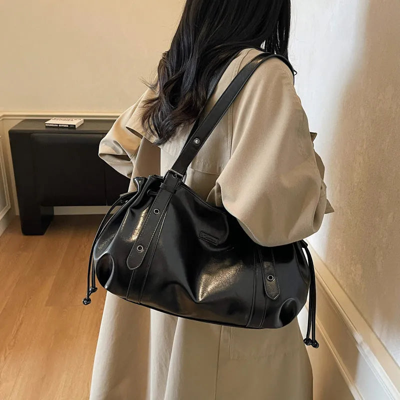 Women's PU crossbody underarm bag, horizontal square 48 x 13 x 20 cm, black brown coffee, inner patch pocket