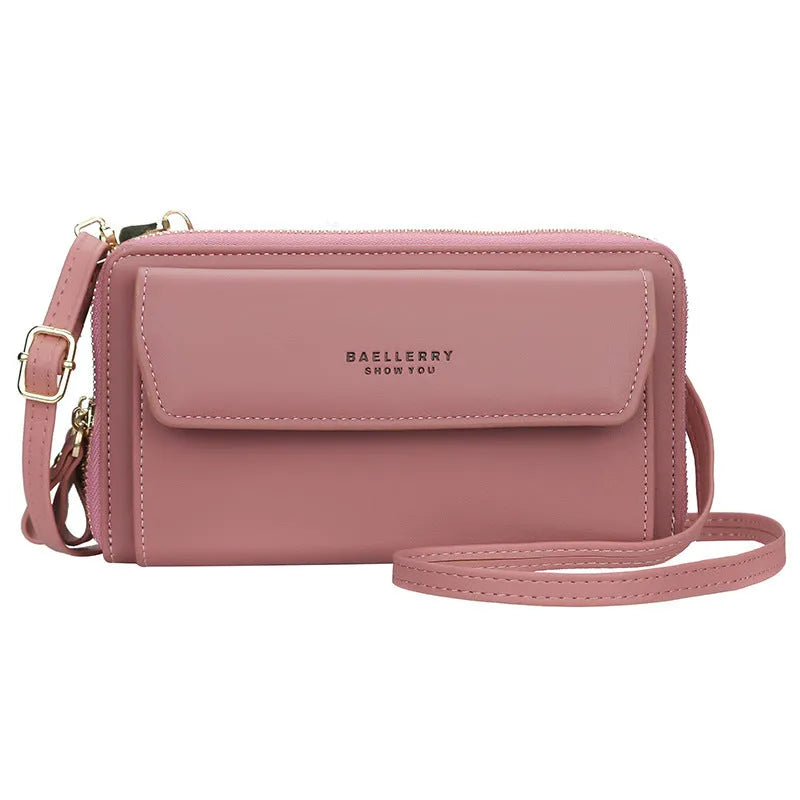 Red soft PU leather women's cross-body messenger bag with double zipper, shown as a large capacity long wallet.