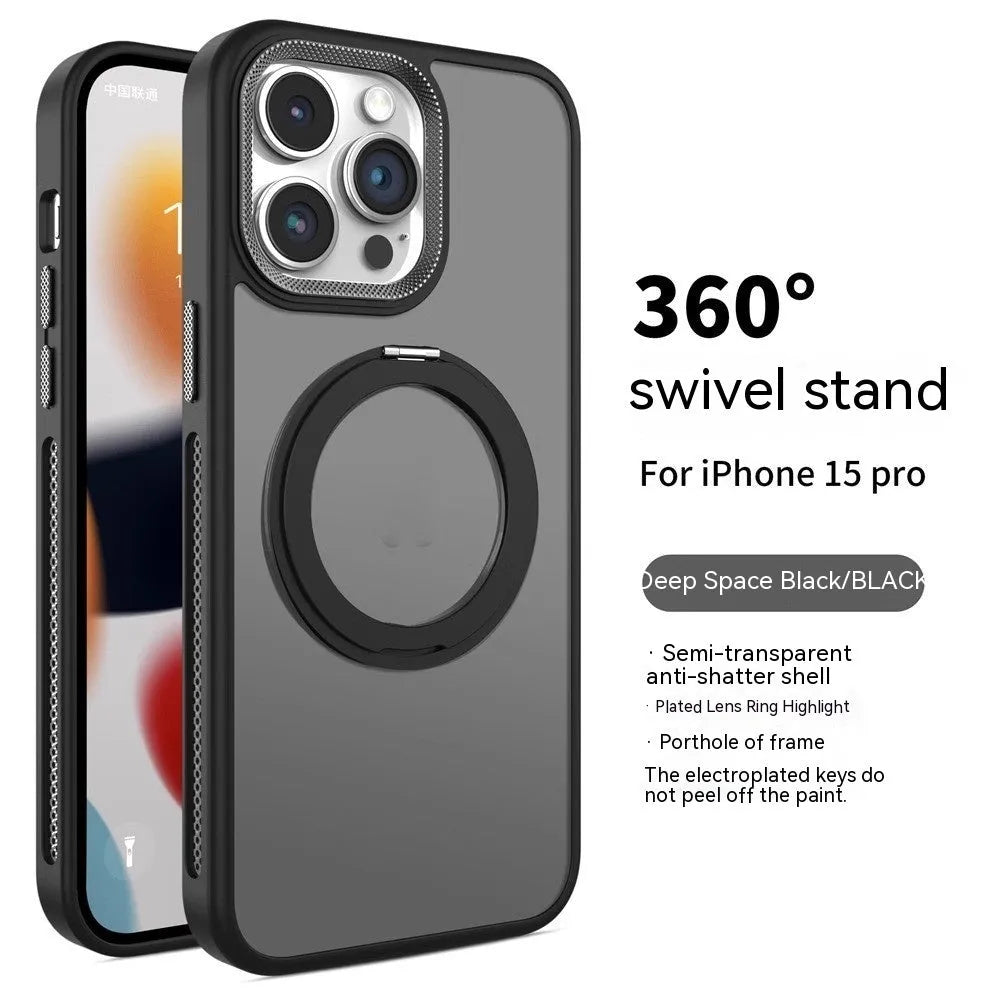 Rotating bracket magnetic suction silicone phone case for iPhone in deep space black colour.