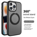 Rotating bracket magnetic suction silicone phone case for iPhone in deep space black colour.