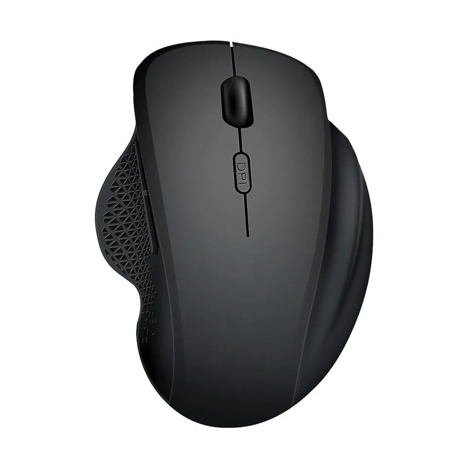 Grey and black self-charging wireless laptop mouse with USB cable on white background