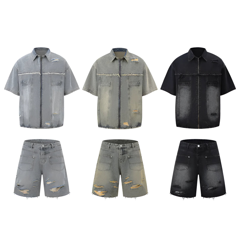 Men's loose denim overall suit two-piece set in black, shown on a model.