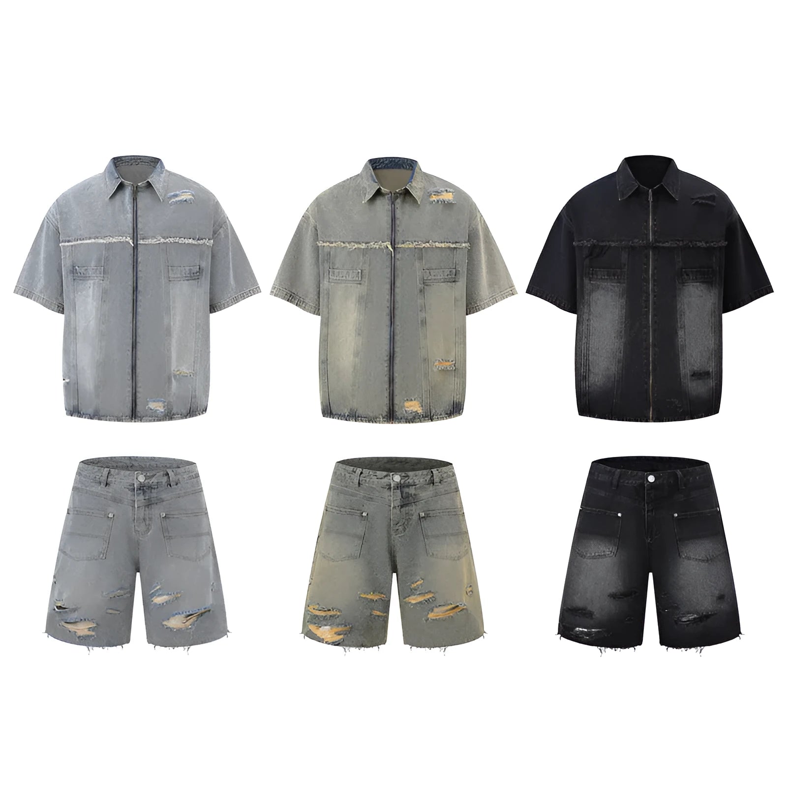 Men's loose denim overall suit two-piece set in black, shown on a model.