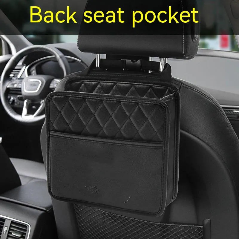 Black leather car interior hanging storage bag with straps measuring 25cm