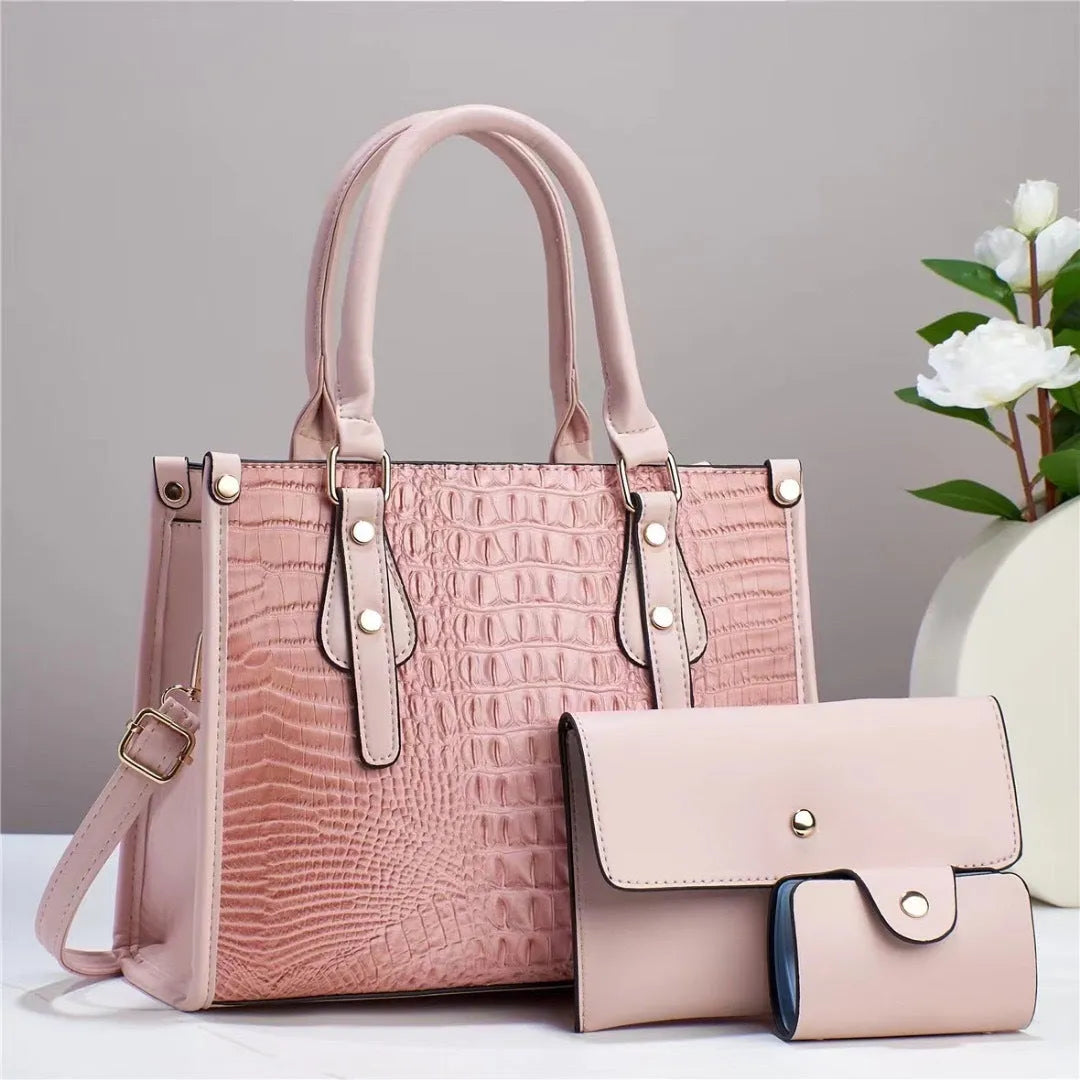 Contrast colour minimalist texture three-piece set showing crossbody bag, wallet, and card bag in matching PU leather