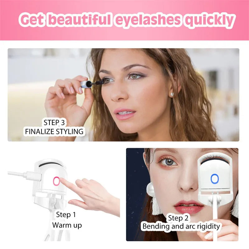 White heated eyelash curler with USB charging cable and two temperature modes, compact 41 x 65 x 130mm size