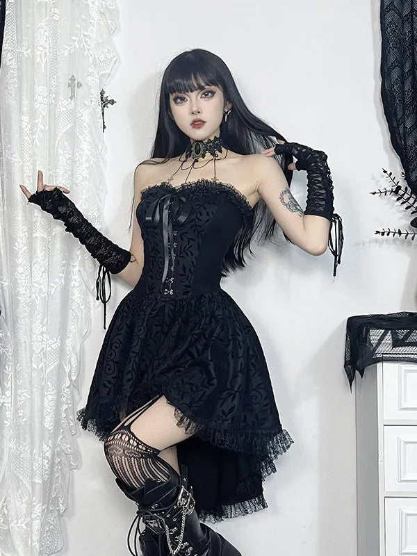 Black gothic flocking bra trailing dress with bow detail sleeveless nylon