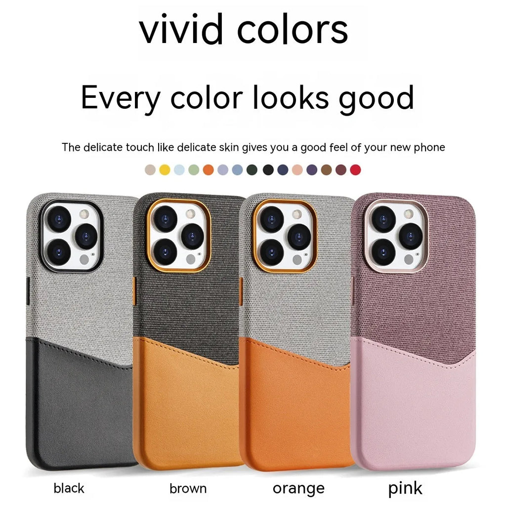 Leather magnetic card phone case for iPhone 14 Pro Max in black with colour-matched card slot and retro stitching