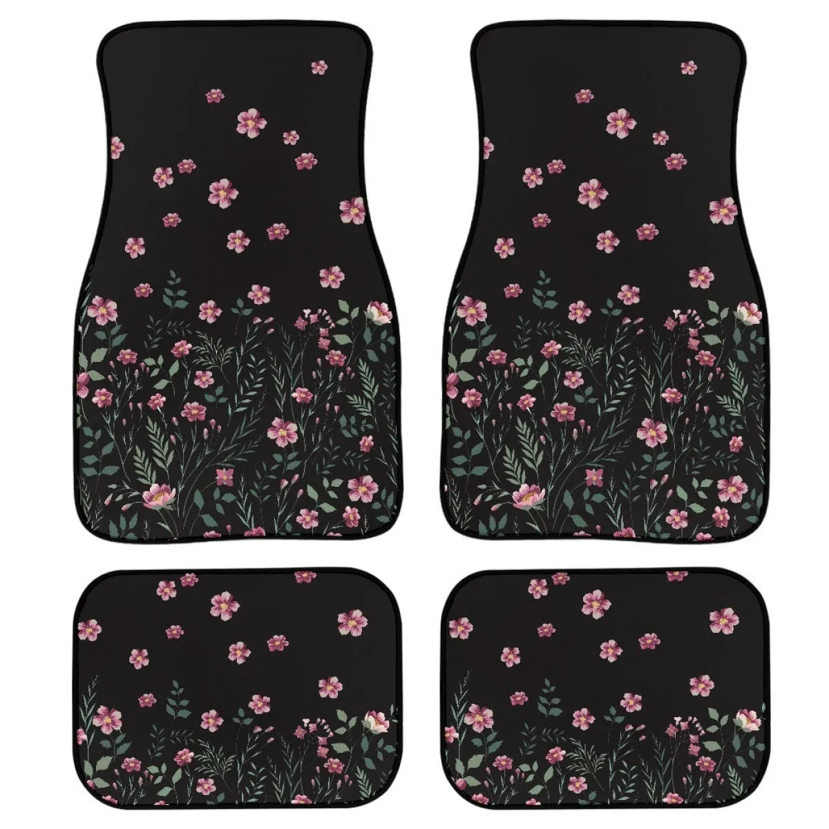 Black four-piece rubber car foot mat set with textured surface, shown on a car floor.