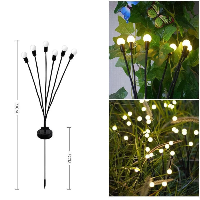 Set of solar-powered LED garden lights with ground spikes, showing firefly-style heads and solar panel.