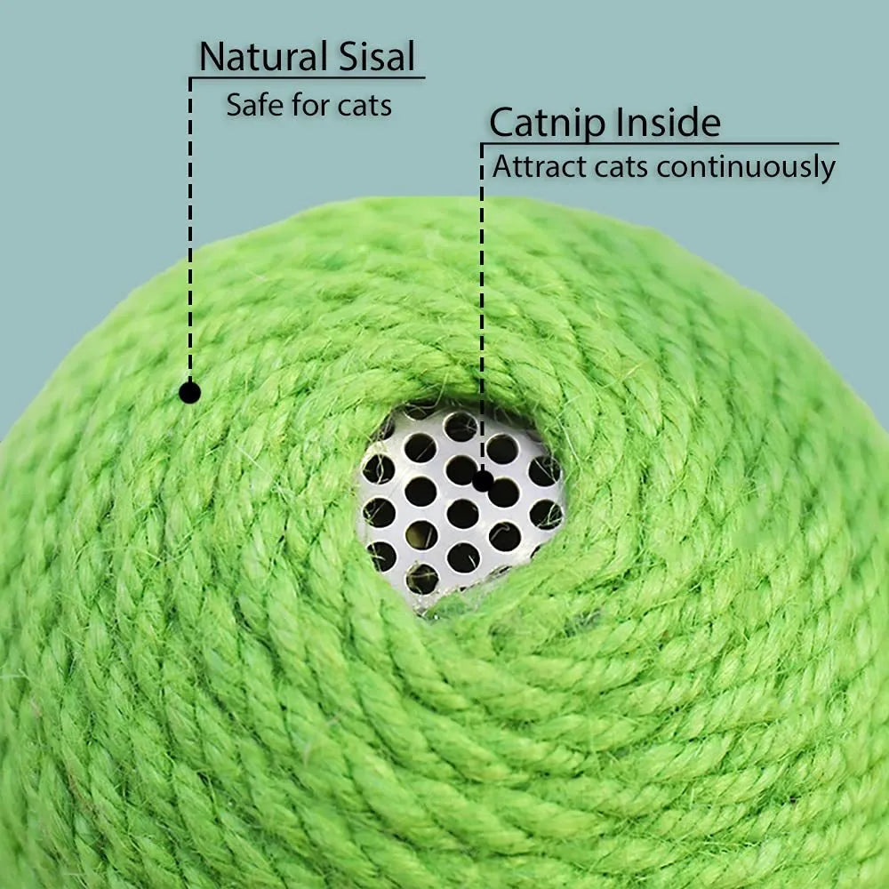 Green multi-level cat scratching tower with an interactive cactus ball toy and sisal-wrapped posts