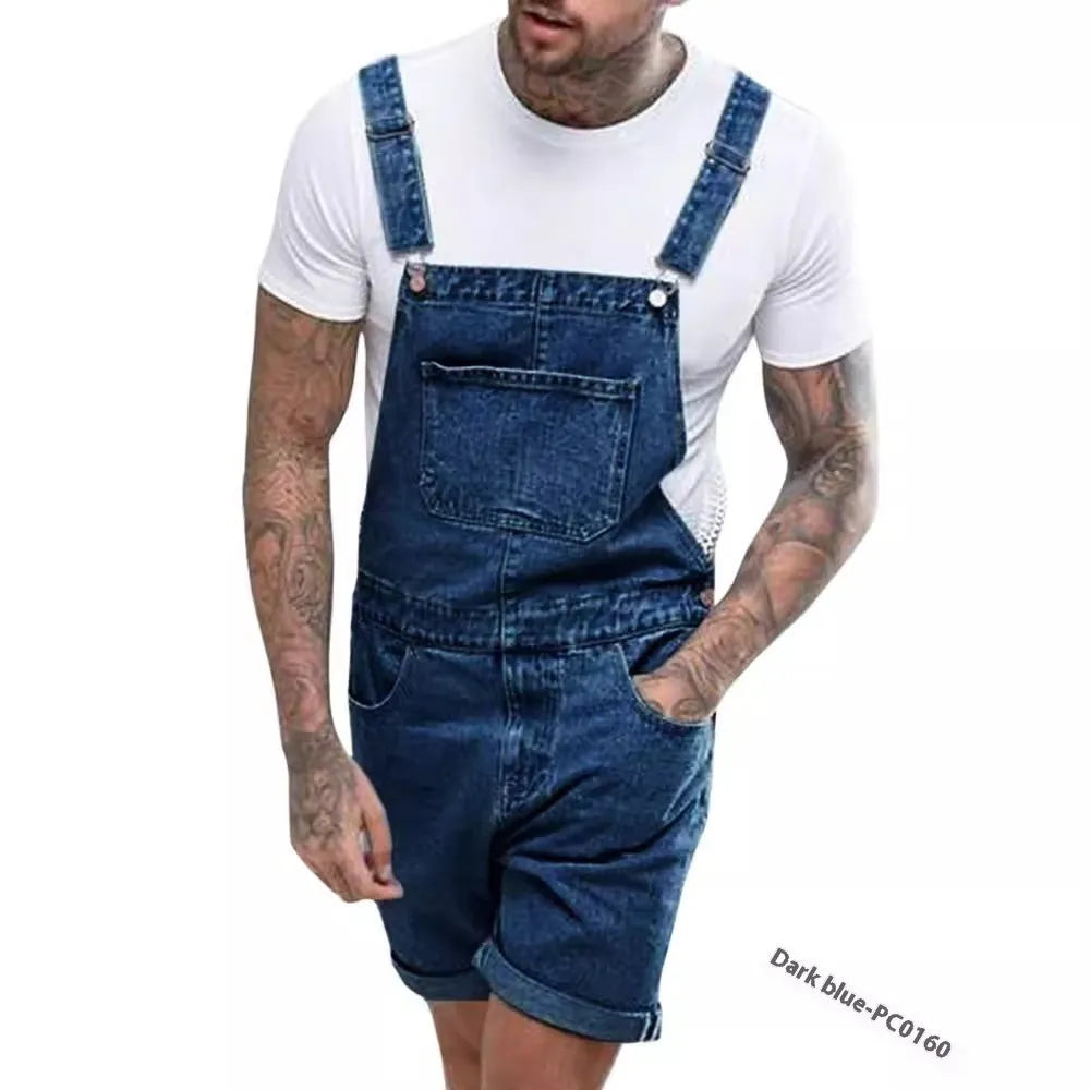 Male model wearing black mid-stretch denim suspender pants with straight leg cut and zip fly