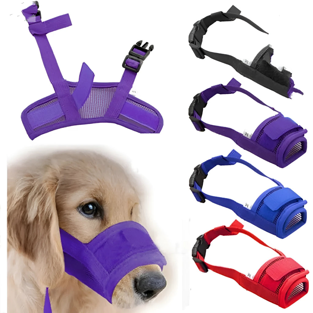 Adjustable plastic dog muzzle shown in multiple colours and sizes for medium and large breeds.