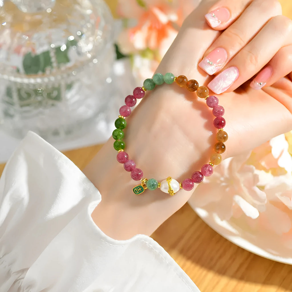 Geometric tourmaline and chalcedony bracelet with 6.5mm natural crystal beads